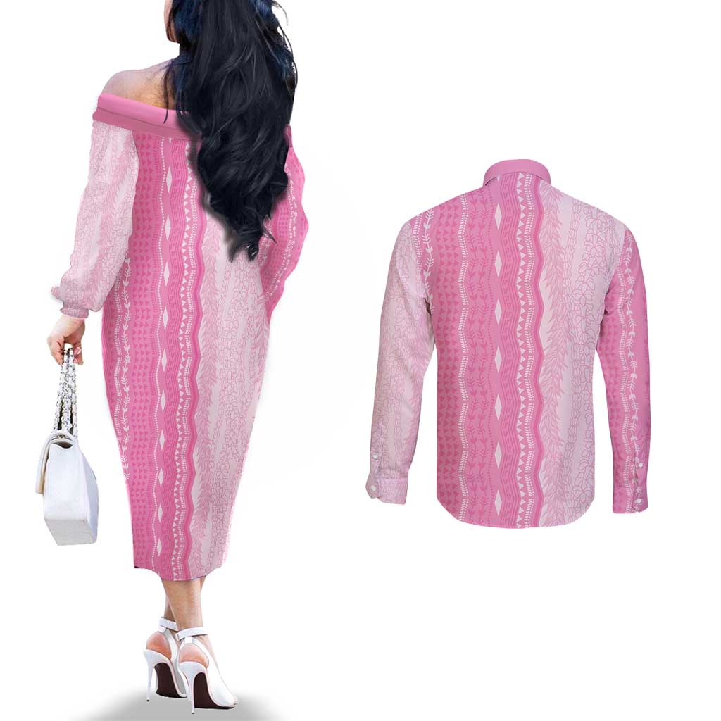 Vintage Pink Hawaiian Traditional Kapa Mix Flowers Lei Couples Matching Off The Shoulder Long Sleeve Dress and Long Sleeve Button Shirt