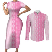 Vintage Pink Hawaiian Traditional Kapa Mix Flowers Lei Couples Matching Short Sleeve Bodycon Dress and Long Sleeve Button Shirt LT7 Pink - Polynesian Pride