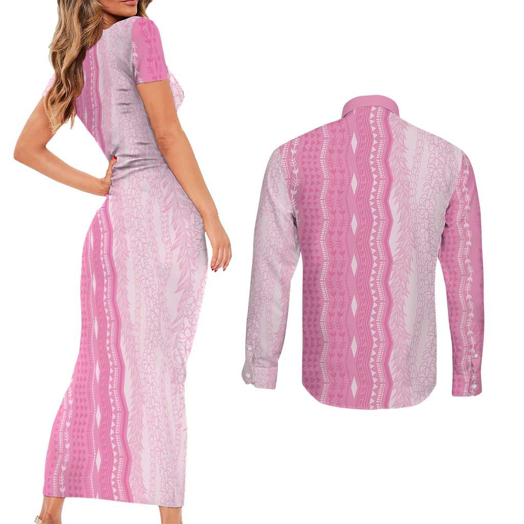 Vintage Pink Hawaiian Traditional Kapa Mix Flowers Lei Couples Matching Short Sleeve Bodycon Dress and Long Sleeve Button Shirt LT7 - Polynesian Pride