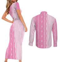Vintage Pink Hawaiian Traditional Kapa Mix Flowers Lei Couples Matching Short Sleeve Bodycon Dress and Long Sleeve Button Shirt LT7 - Polynesian Pride