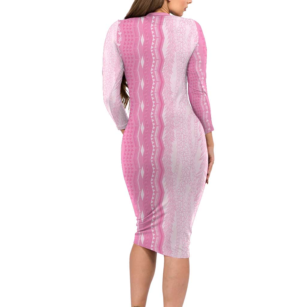 Vintage Pink Hawaiian Traditional Kapa Mix Flowers Lei Family Matching Long Sleeve Bodycon Dress and Hawaiian Shirt