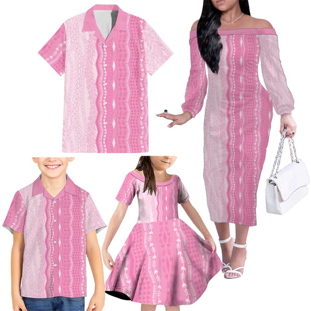 Vintage Pink Hawaiian Traditional Kapa Mix Flowers Lei Family Matching Off The Shoulder Long Sleeve Dress and Hawaiian Shirt