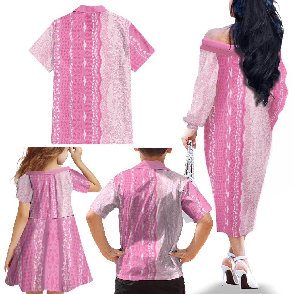 Vintage Pink Hawaiian Traditional Kapa Mix Flowers Lei Family Matching Off The Shoulder Long Sleeve Dress and Hawaiian Shirt