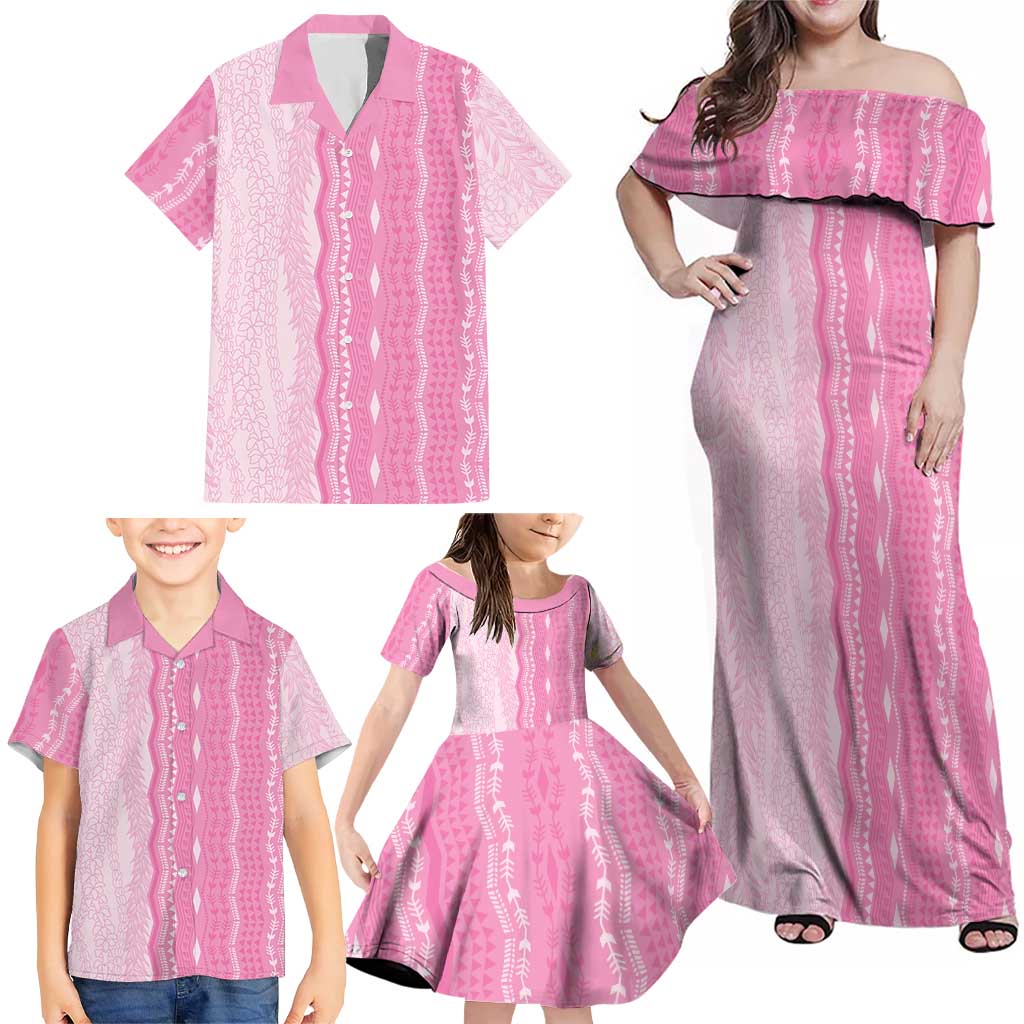 Vintage Pink Hawaiian Traditional Kapa Mix Flowers Lei Family Matching Off Shoulder Maxi Dress and Hawaiian Shirt