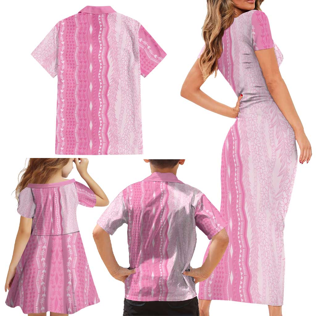 Vintage Pink Hawaiian Traditional Kapa Mix Flowers Lei Family Matching Short Sleeve Bodycon Dress and Hawaiian Shirt