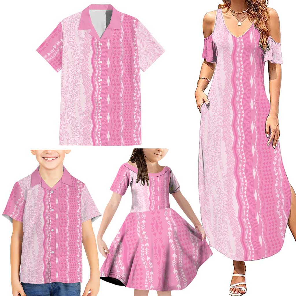 Vintage Pink Hawaiian Traditional Kapa Mix Flowers Lei Family Matching Summer Maxi Dress and Hawaiian Shirt