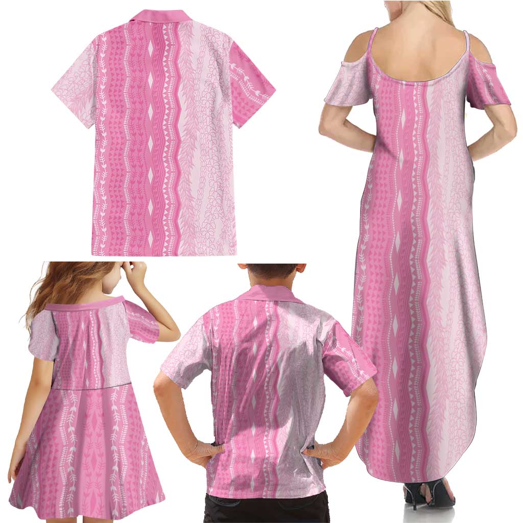 Vintage Pink Hawaiian Traditional Kapa Mix Flowers Lei Family Matching Summer Maxi Dress and Hawaiian Shirt