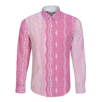 Vintage Pink Hawaiian Traditional Kapa Mix Flowers Lei Long Sleeve Button Shirt