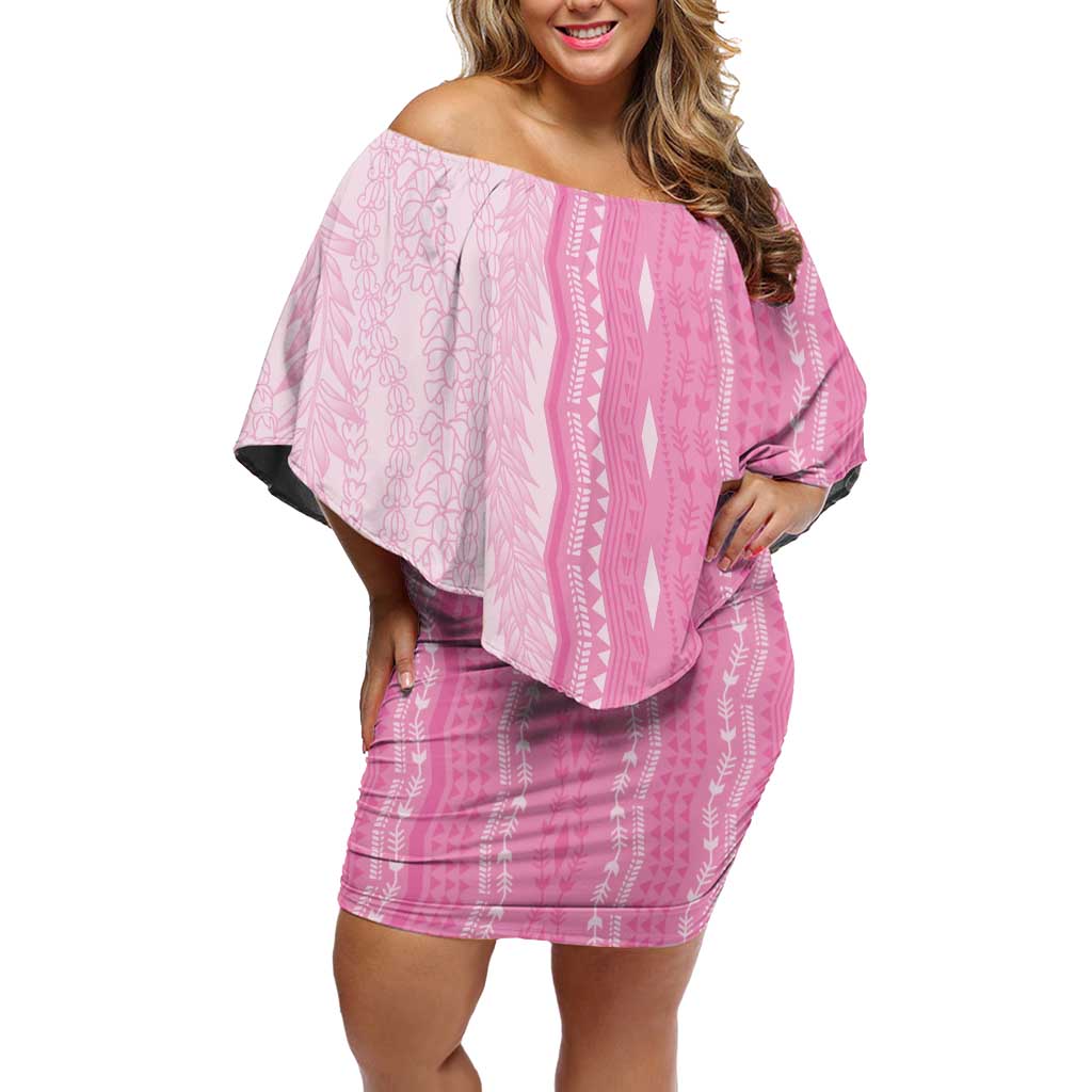 Vintage Pink Hawaiian Traditional Kapa Mix Flowers Lei Off Shoulder Short Dress LT7 Women Pink - Polynesian Pride