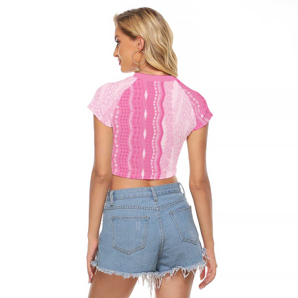 Vintage Pink Hawaiian Traditional Kapa Mix Flowers Lei Raglan Cropped T Shirt