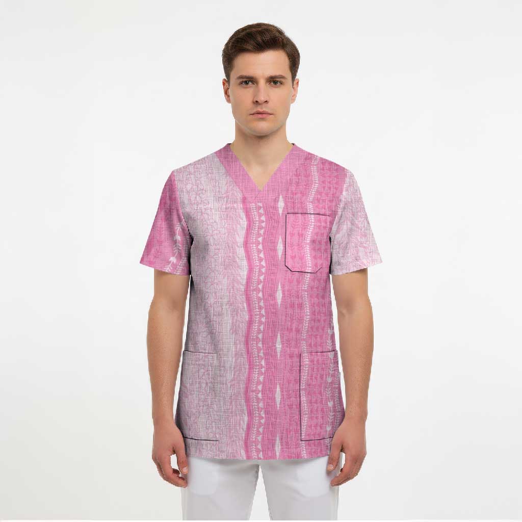 Vintage Pink Hawaiian Traditional Kapa Mix Flowers Lei Scrub Top LT7 - Polynesian Pride