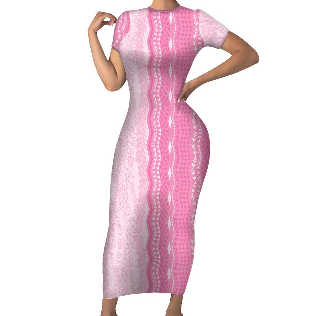 Vintage Pink Hawaiian Traditional Kapa Mix Flowers Lei Short Sleeve Bodycon Dress