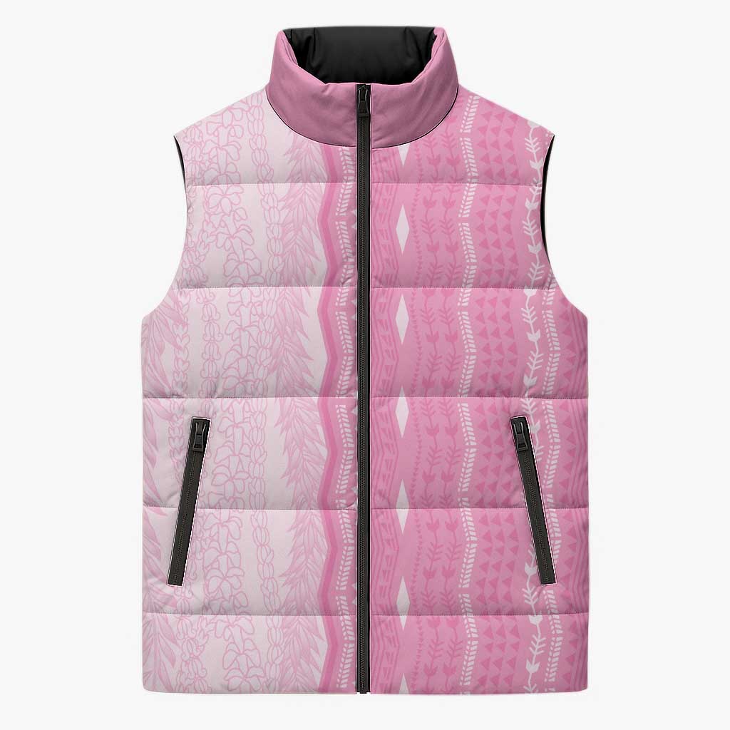 Vintage Pink Hawaiian Traditional Kapa Mix Flowers Lei Sleeveless Puffer Jacket