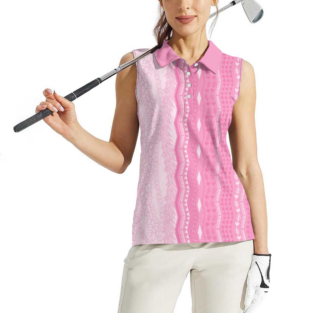 Vintage Pink Hawaiian Traditional Kapa Mix Flowers Lei Women Sleeveless Polo Shirt
