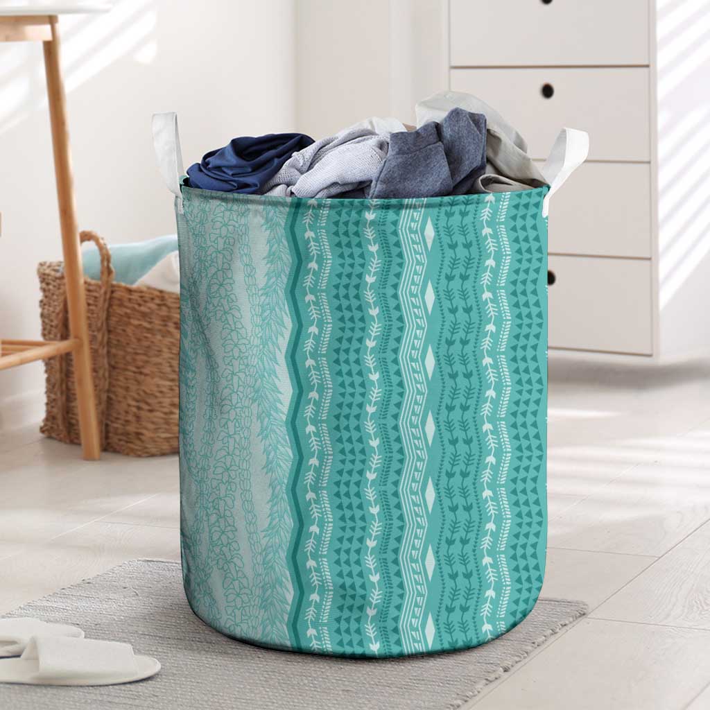 Vintage Teal Hawaiian Traditional Kapa Mix Flowers Lei Laundry Basket