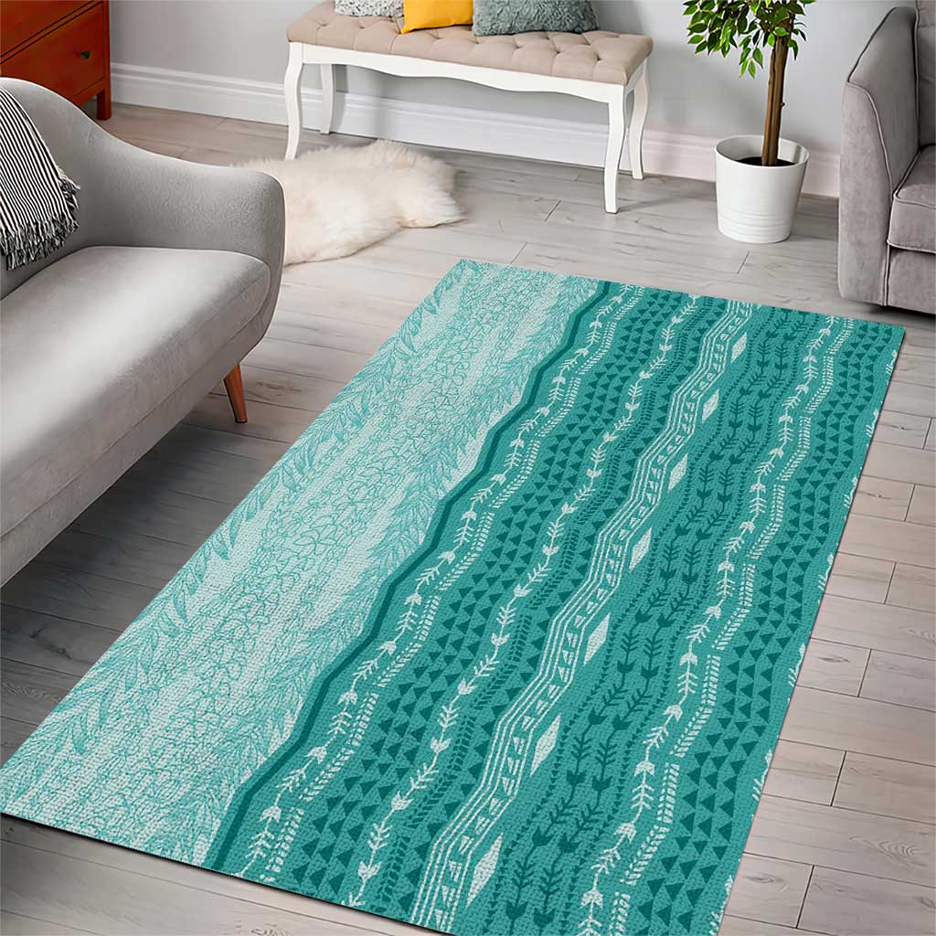 Vintage Teal Hawaiian Traditional Kapa Mix Flowers Lei Area Rug