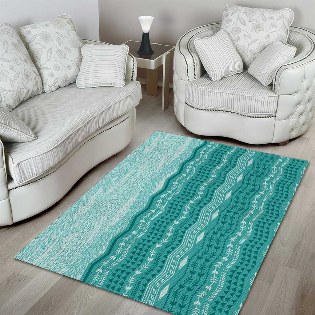 Vintage Teal Hawaiian Traditional Kapa Mix Flowers Lei Area Rug