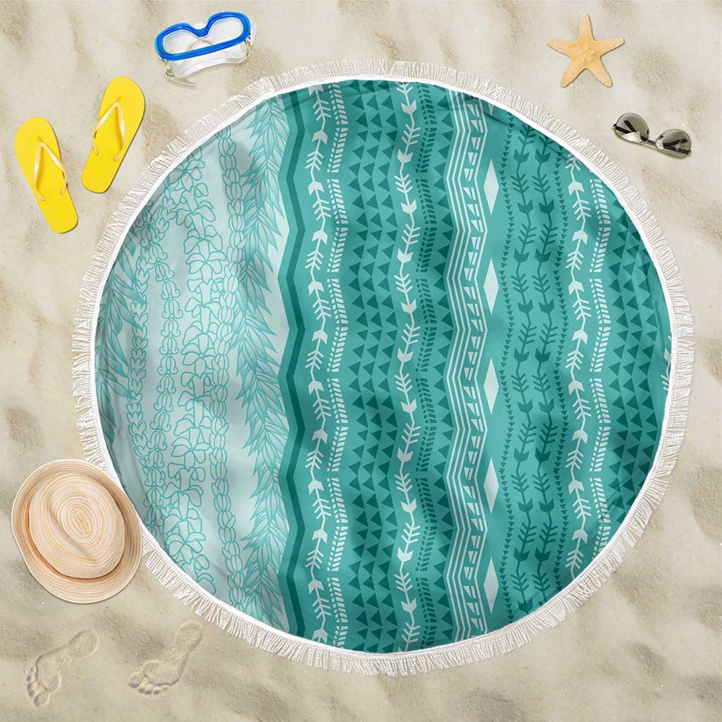 Vintage Teal Hawaiian Traditional Kapa Mix Flowers Lei Beach Blanket LT7 One Size 150cm Teal - Polynesian Pride