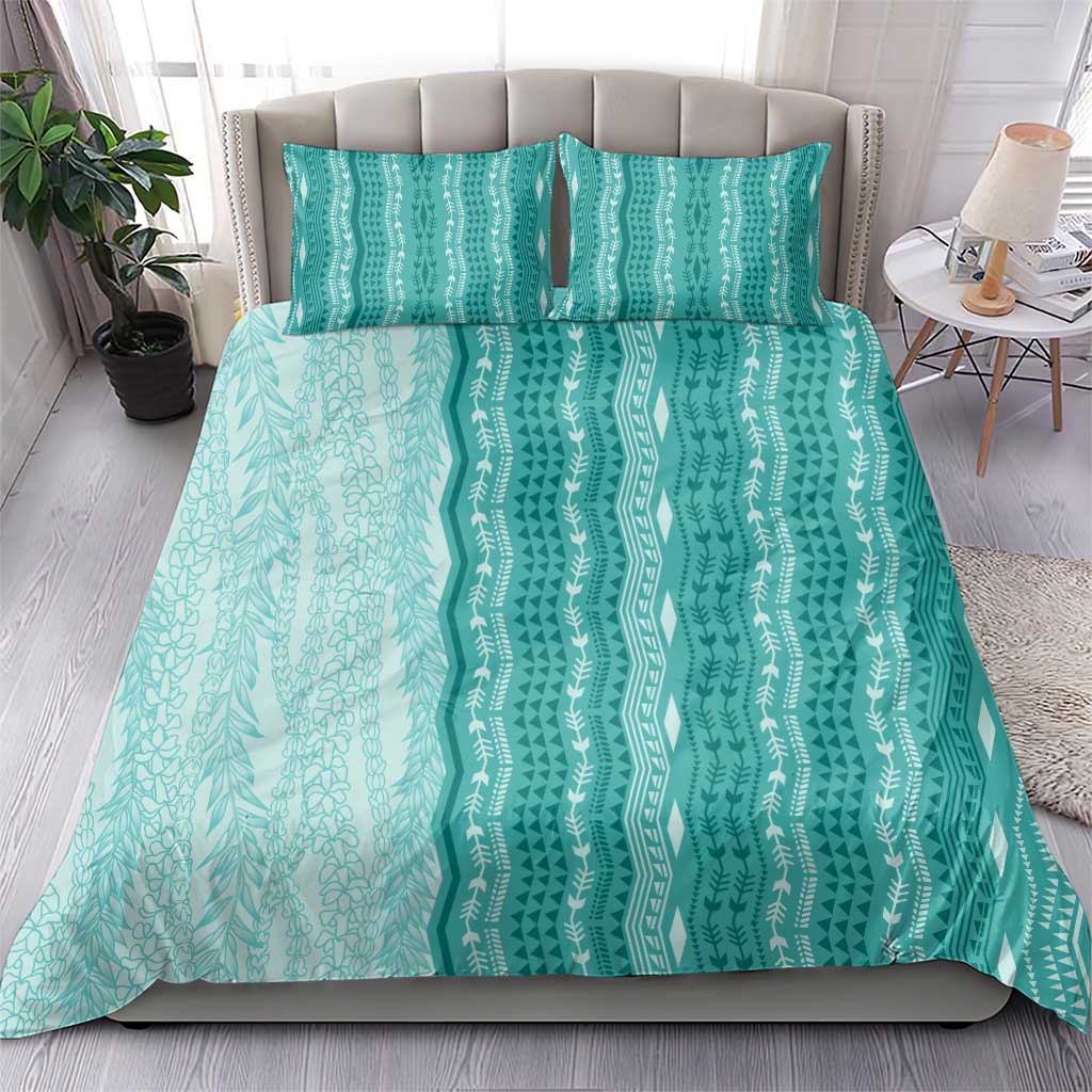 Vintage Teal Hawaiian Traditional Kapa Mix Flowers Lei Bedding Set