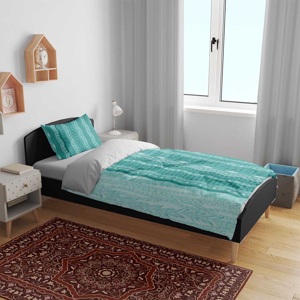Vintage Teal Hawaiian Traditional Kapa Mix Flowers Lei Bedding Set
