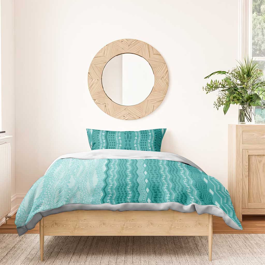 Vintage Teal Hawaiian Traditional Kapa Mix Flowers Lei Bedding Set