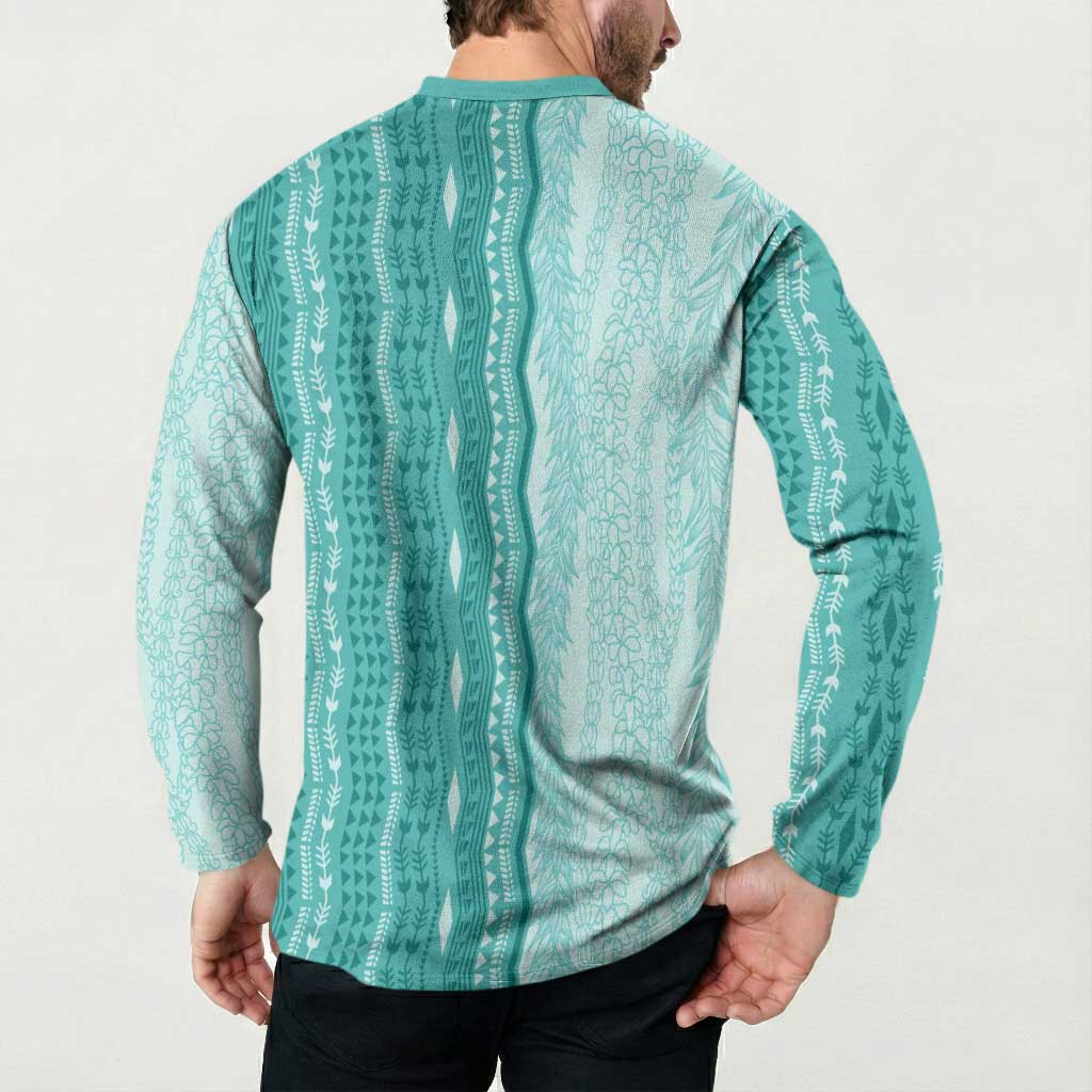 Vintage Teal Hawaiian Traditional Kapa Mix Flowers Lei Button Sweatshirt