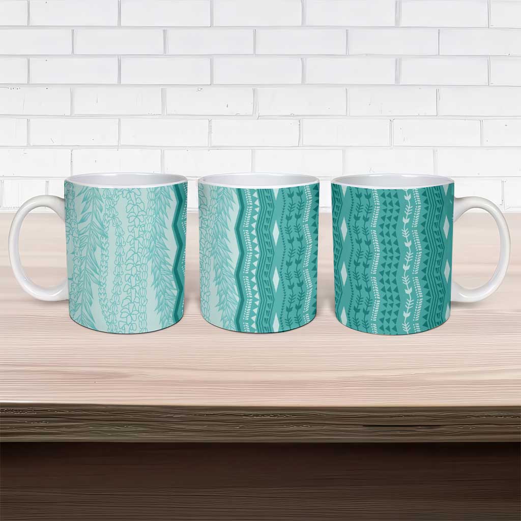 Vintage Teal Hawaiian Traditional Kapa Mix Flowers Lei Ceramic Mug LT7 - Polynesian Pride