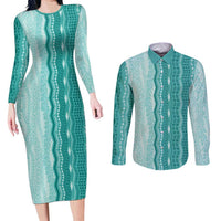Vintage Teal Hawaiian Traditional Kapa Mix Flowers Lei Couples Matching Long Sleeve Bodycon Dress and Long Sleeve Button Shirt