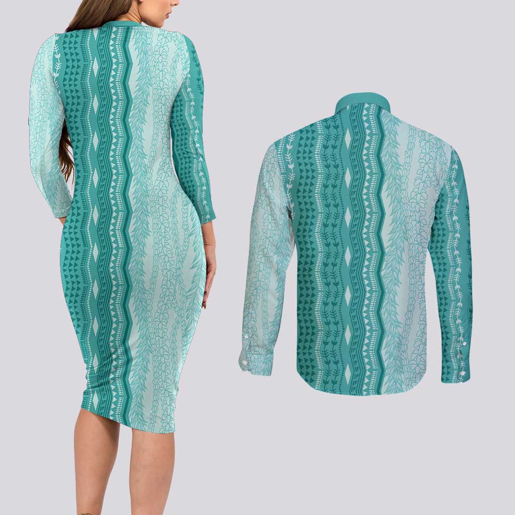 Vintage Teal Hawaiian Traditional Kapa Mix Flowers Lei Couples Matching Long Sleeve Bodycon Dress and Long Sleeve Button Shirt