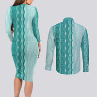 Vintage Teal Hawaiian Traditional Kapa Mix Flowers Lei Couples Matching Long Sleeve Bodycon Dress and Long Sleeve Button Shirt