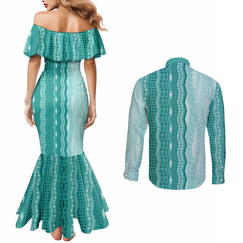 Vintage Teal Hawaiian Traditional Kapa Mix Flowers Lei Couples Matching Mermaid Dress and Long Sleeve Button Shirt