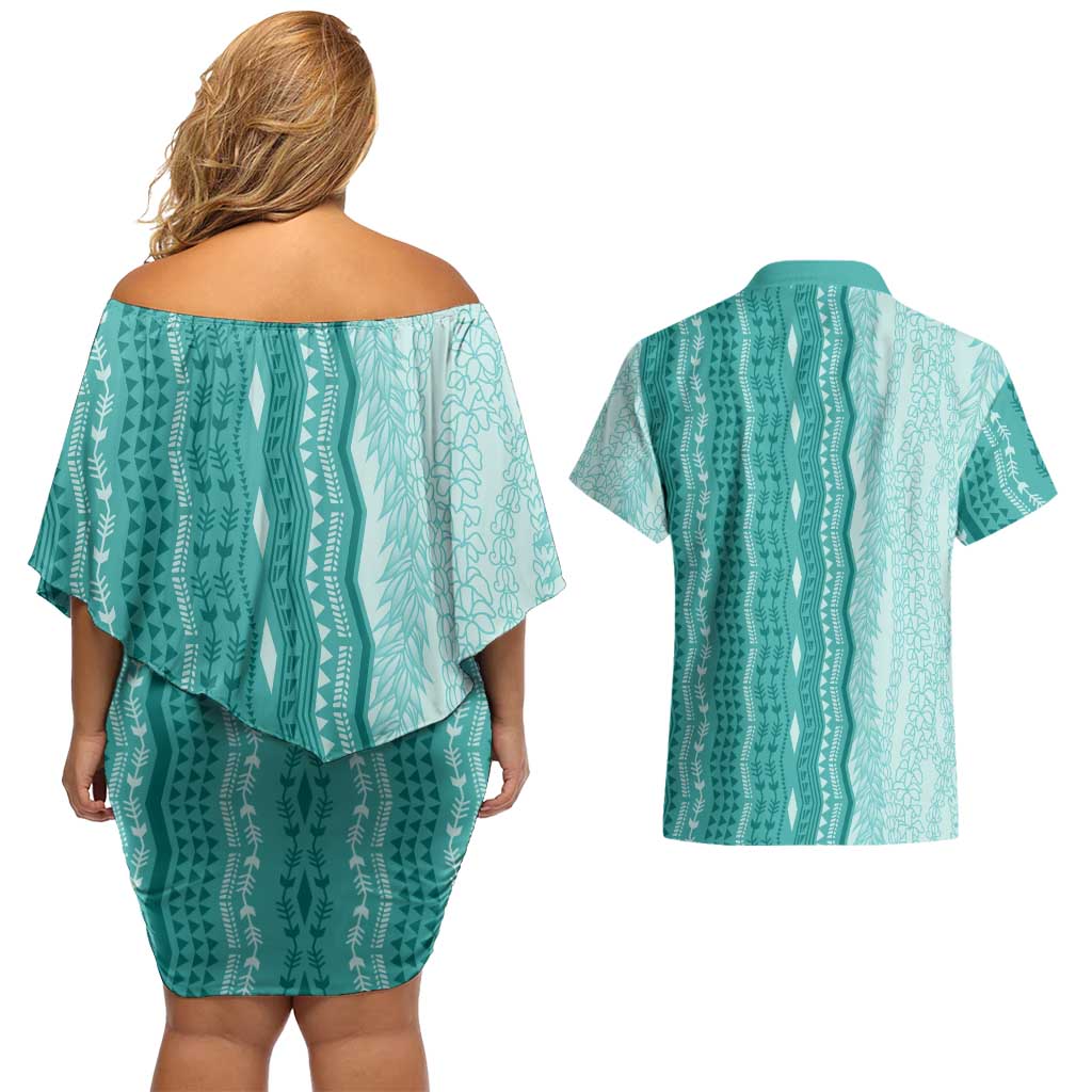 Vintage Teal Hawaiian Traditional Kapa Mix Flowers Lei Couples Matching Off Shoulder Short Dress and Hawaiian Shirt