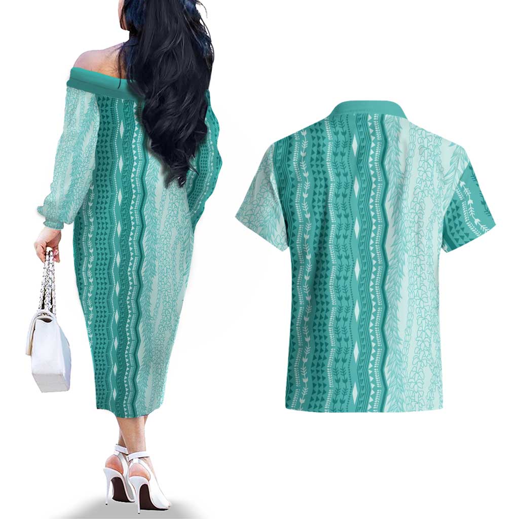 Vintage Teal Hawaiian Traditional Kapa Mix Flowers Lei Couples Matching Off The Shoulder Long Sleeve Dress and Hawaiian Shirt