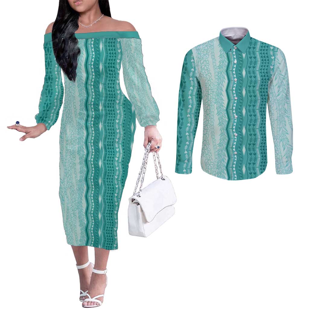 Vintage Teal Hawaiian Traditional Kapa Mix Flowers Lei Couples Matching Off The Shoulder Long Sleeve Dress and Long Sleeve Button Shirt