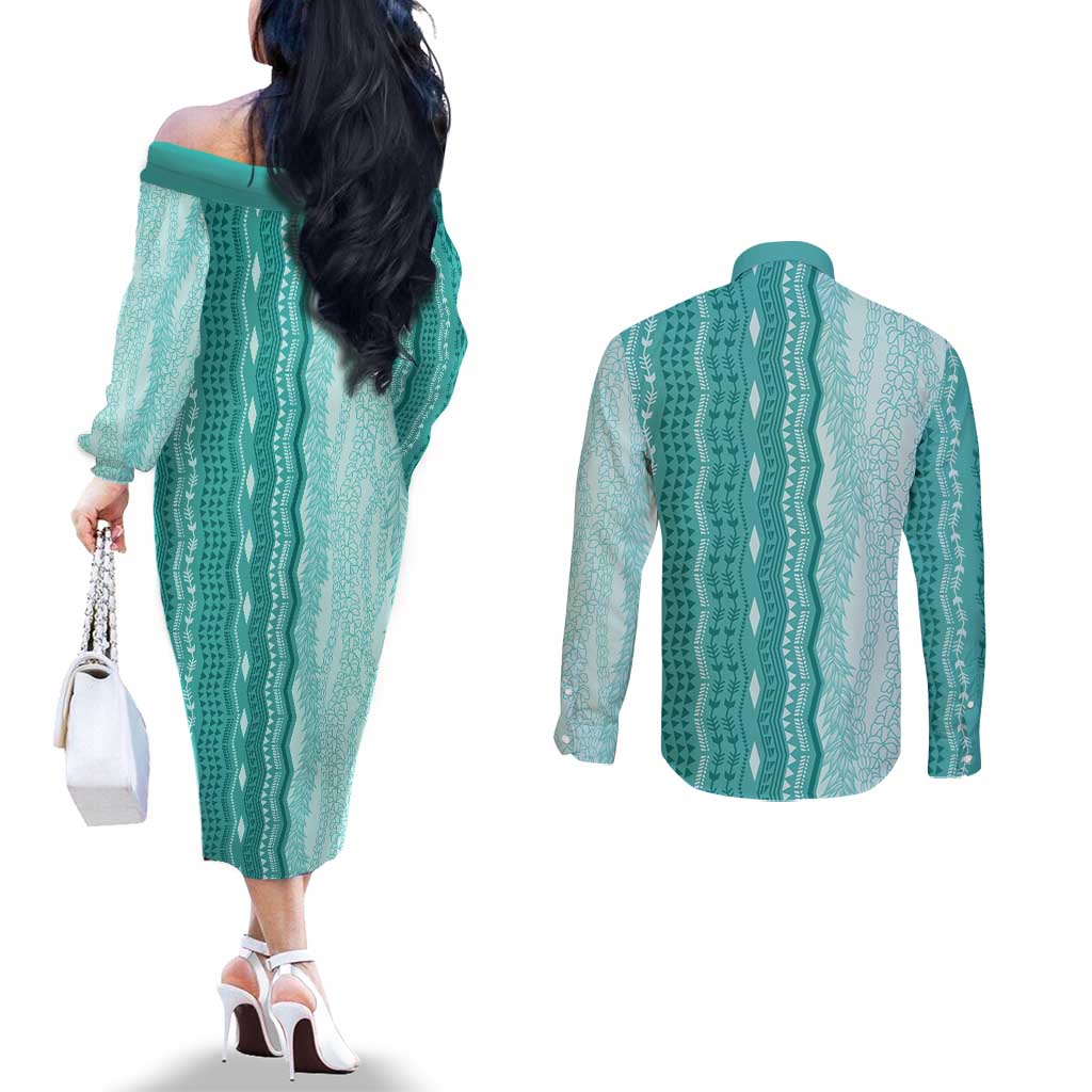 Vintage Teal Hawaiian Traditional Kapa Mix Flowers Lei Couples Matching Off The Shoulder Long Sleeve Dress and Long Sleeve Button Shirt
