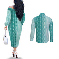 Vintage Teal Hawaiian Traditional Kapa Mix Flowers Lei Couples Matching Off The Shoulder Long Sleeve Dress and Long Sleeve Button Shirt