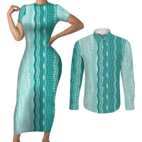Vintage Teal Hawaiian Traditional Kapa Mix Flowers Lei Couples Matching Short Sleeve Bodycon Dress and Long Sleeve Button Shirt