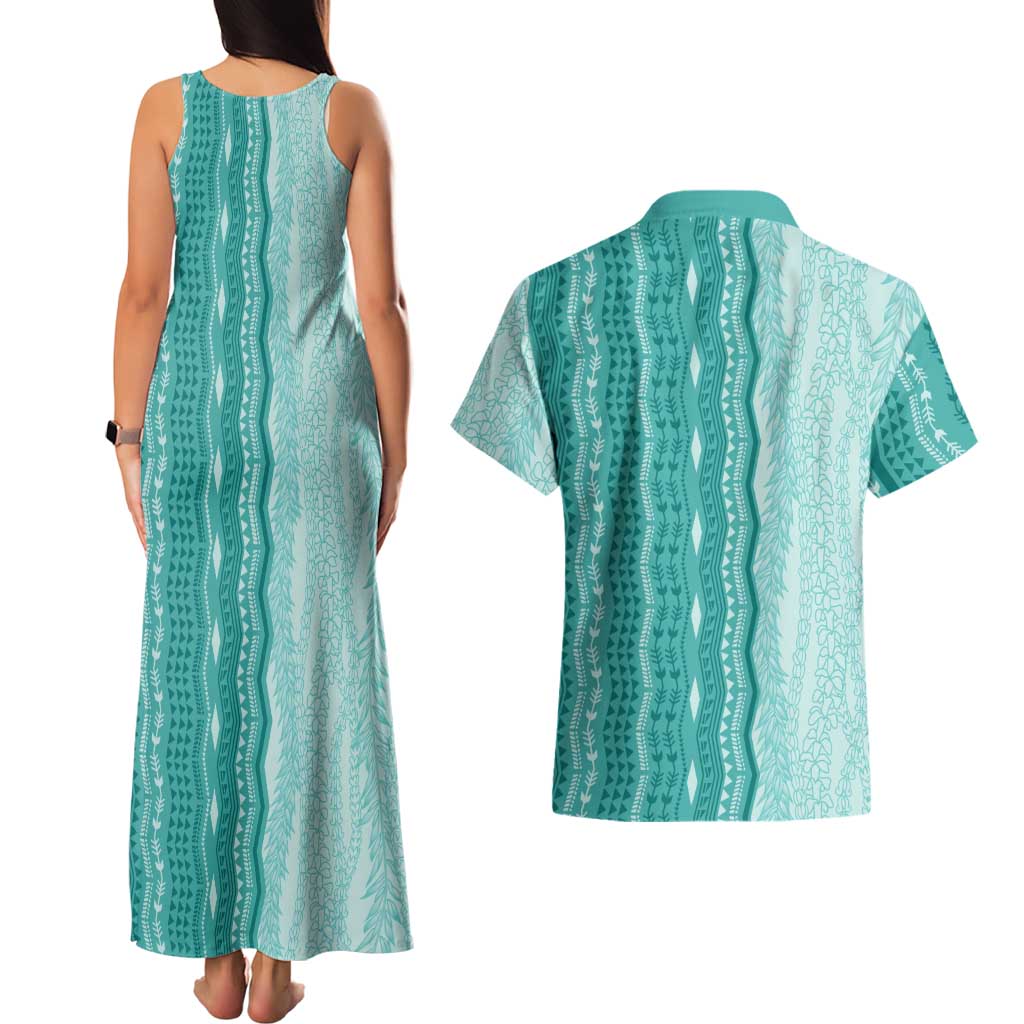 Vintage Teal Hawaiian Traditional Kapa Mix Flowers Lei Couples Matching Tank Maxi Dress and Hawaiian Shirt