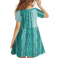 Vintage Teal Hawaiian Traditional Kapa Mix Flowers Lei Family Matching Long Sleeve Bodycon Dress and Hawaiian Shirt