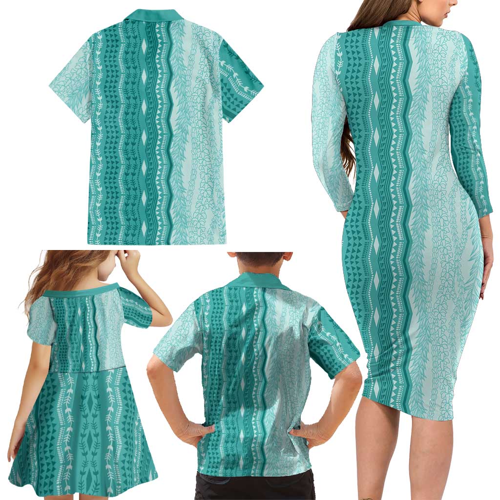 Vintage Teal Hawaiian Traditional Kapa Mix Flowers Lei Family Matching Long Sleeve Bodycon Dress and Hawaiian Shirt