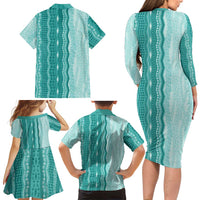 Vintage Teal Hawaiian Traditional Kapa Mix Flowers Lei Family Matching Long Sleeve Bodycon Dress and Hawaiian Shirt