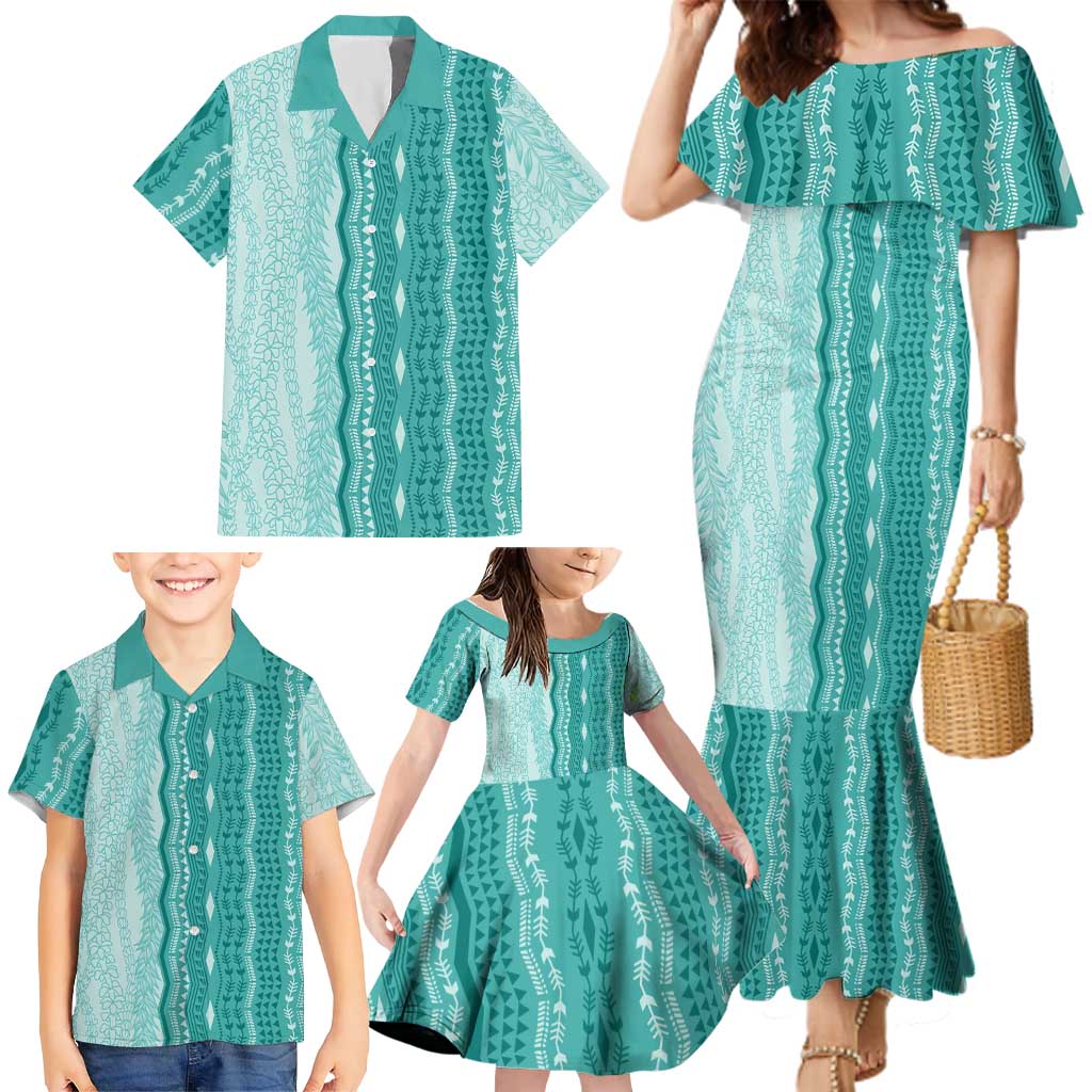 Vintage Teal Hawaiian Traditional Kapa Mix Flowers Lei Family Matching Mermaid Dress and Hawaiian Shirt