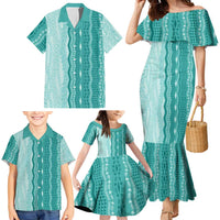 Vintage Teal Hawaiian Traditional Kapa Mix Flowers Lei Family Matching Mermaid Dress and Hawaiian Shirt