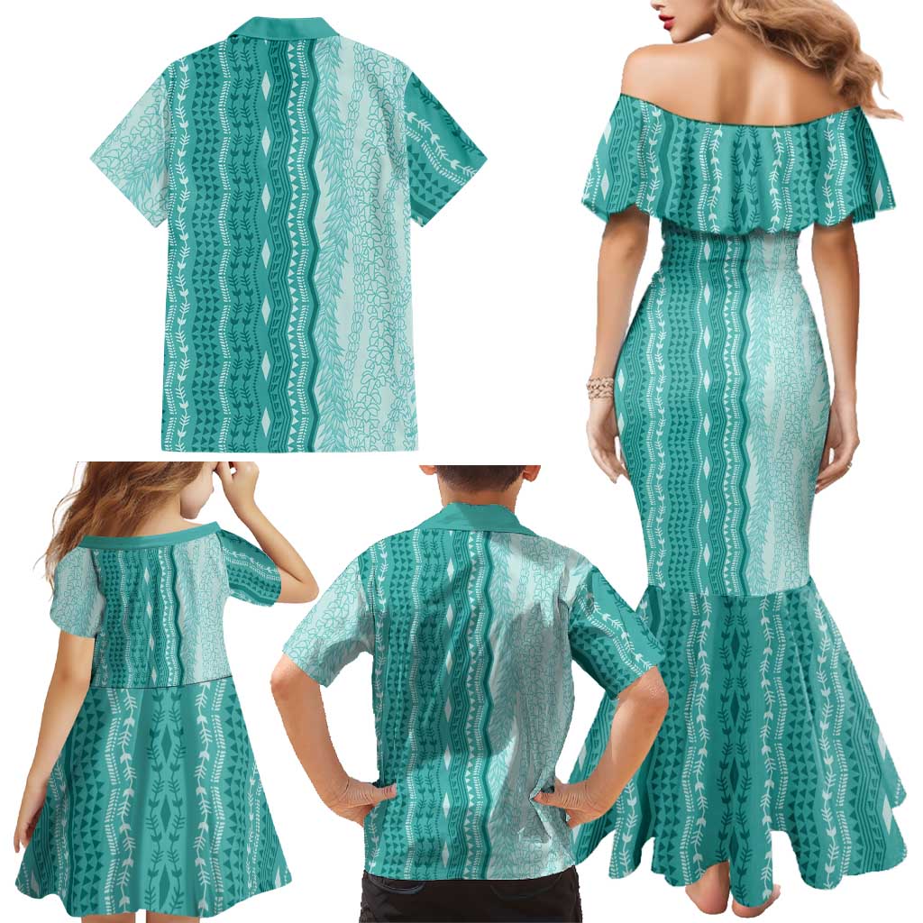 Vintage Teal Hawaiian Traditional Kapa Mix Flowers Lei Family Matching Mermaid Dress and Hawaiian Shirt