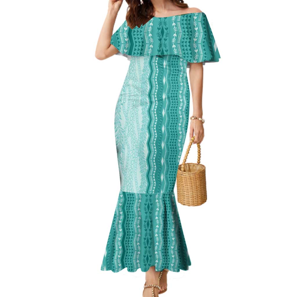 Vintage Teal Hawaiian Traditional Kapa Mix Flowers Lei Family Matching Mermaid Dress and Hawaiian Shirt