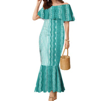 Vintage Teal Hawaiian Traditional Kapa Mix Flowers Lei Family Matching Mermaid Dress and Hawaiian Shirt