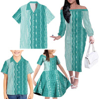 Vintage Teal Hawaiian Traditional Kapa Mix Flowers Lei Family Matching Off The Shoulder Long Sleeve Dress and Hawaiian Shirt