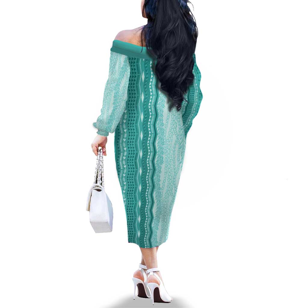 Vintage Teal Hawaiian Traditional Kapa Mix Flowers Lei Family Matching Off The Shoulder Long Sleeve Dress and Hawaiian Shirt