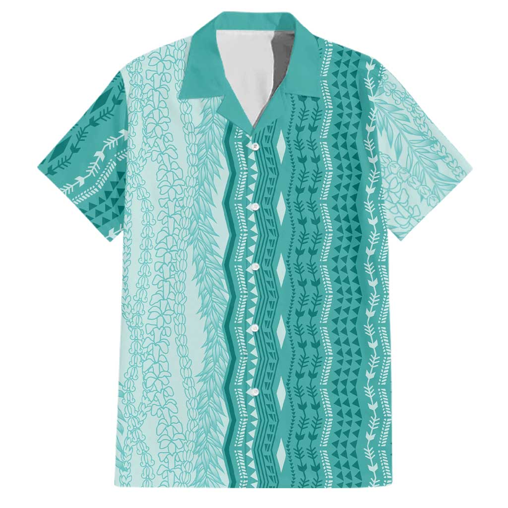 Vintage Teal Hawaiian Traditional Kapa Mix Flowers Lei Family Matching Off Shoulder Maxi Dress and Hawaiian Shirt