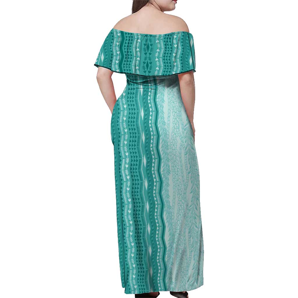 Vintage Teal Hawaiian Traditional Kapa Mix Flowers Lei Family Matching Off Shoulder Maxi Dress and Hawaiian Shirt